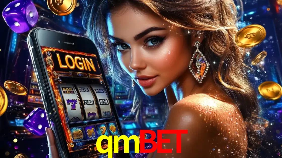 Mulher glamorosa segurando um smartphone com a tela de login para os jogos de caça-níqueis do cassino online qmbet, com moedas de ouro e dados ao redor.
