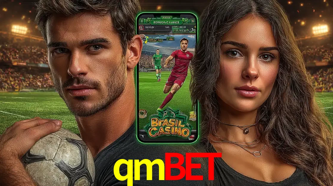 Homem segurando uma bola de futebol e uma mulher ao lado de um smartphone exibindo o jogo de apostas esportivas da qmbet. Faça seu palpite no cassino online.